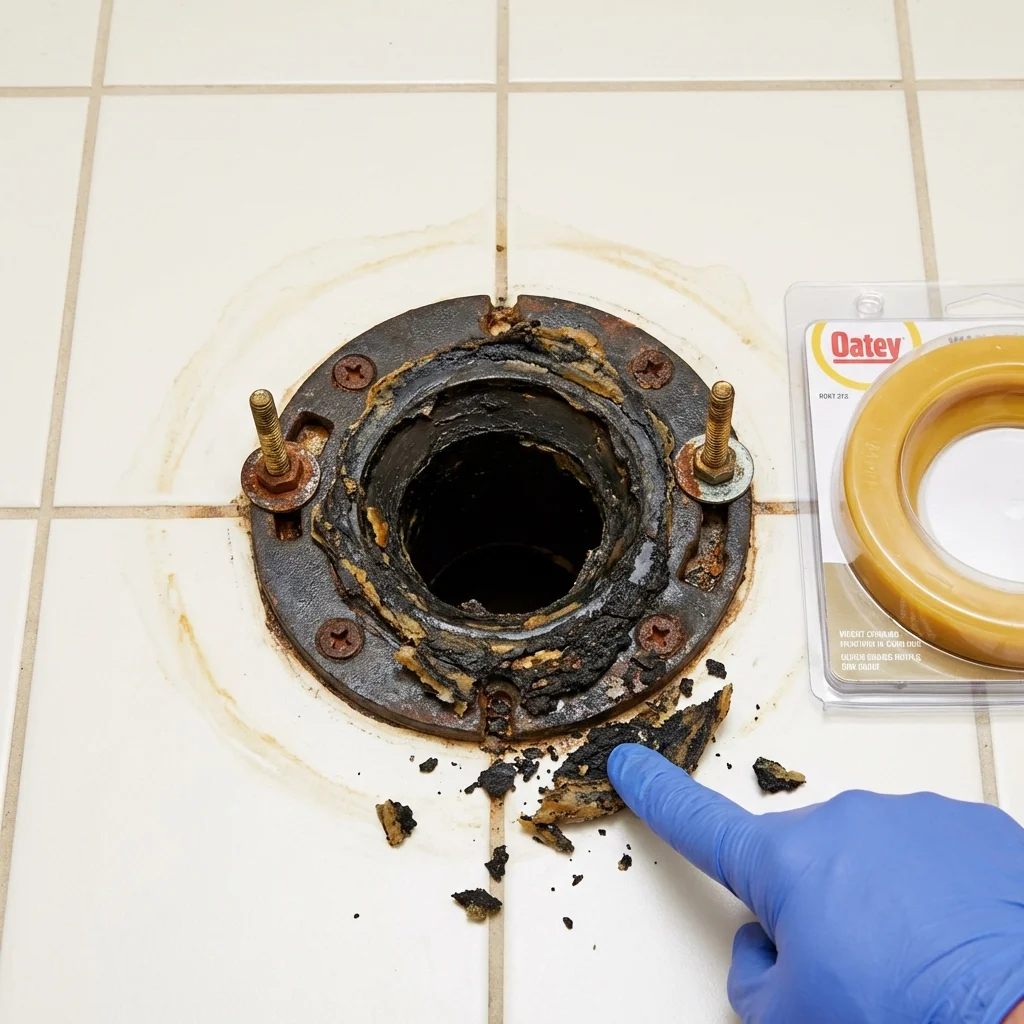 Failed wax ring showing water seepage at the base of a toilet in a Staunton, IL home