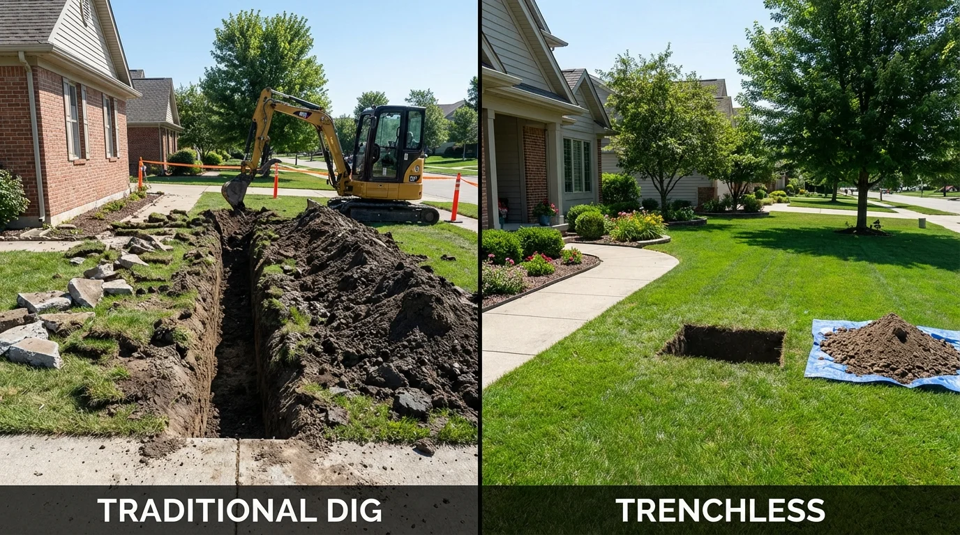 Trenchless sewer repair with minimal yard damage versus traditional excavation in Staunton, IL