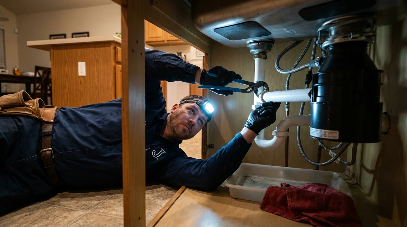 P-trap and supply line connections under a kitchen sink showing a common leak point in Staunton, IL